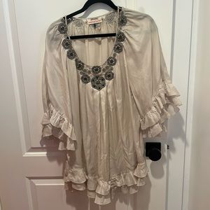 Silk ruffle sleeve and beaded top